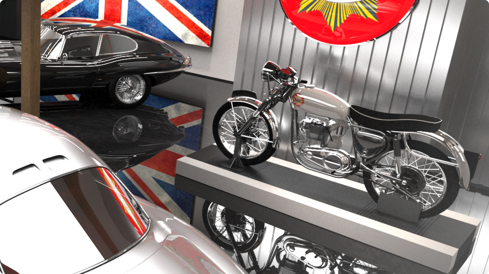 Vintage motorcycle and cars in a multi-level luxury garage