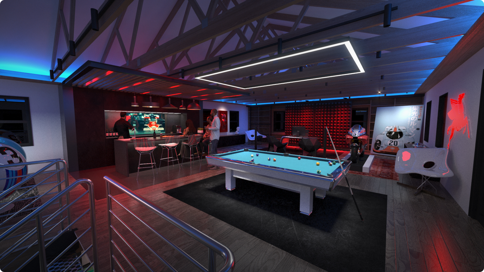 Beautiful man cave lounge in a multilevel vintage car themed luxury garage