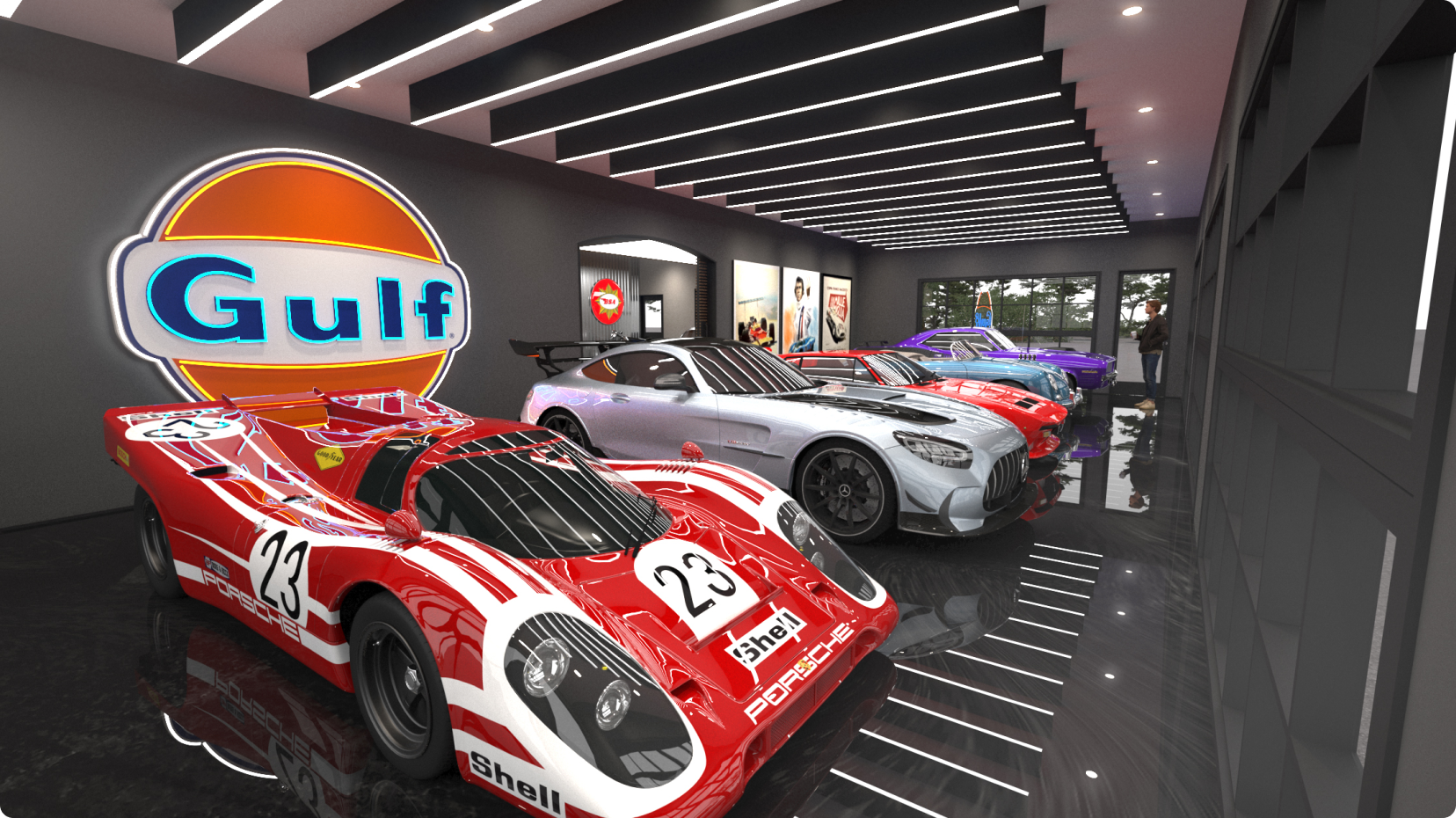 A row of vintage cars in an elegant luxury garage